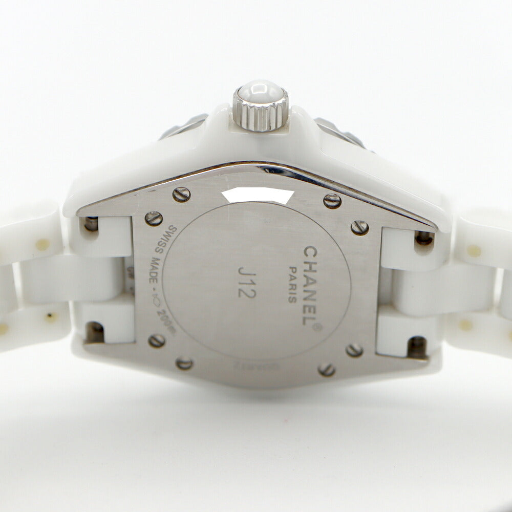 電池交換済 CHANEL シャネル J12 33mm 純正ピンクサファイヤベゼル H2010 ダイヤモンド 純正12Pダイヤ 200m防水 デイト 白 ホワイト CE セラミック SS ステンレス レディース クォーツ【6ヶ月保証】【腕時計】【中古】