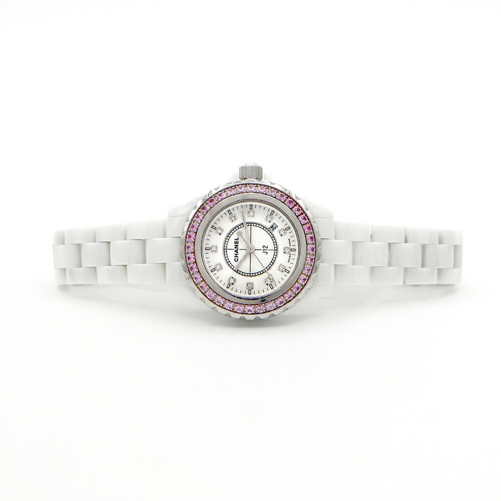 電池交換済 CHANEL シャネル J12 33mm 純正ピンクサファイヤベゼル H2010 ダイヤモンド 純正12Pダイヤ 200m防水 デイト 白 ホワイト CE セラミック SS ステンレス レディース クォーツ【6ヶ月保証】【腕時計】【中古】