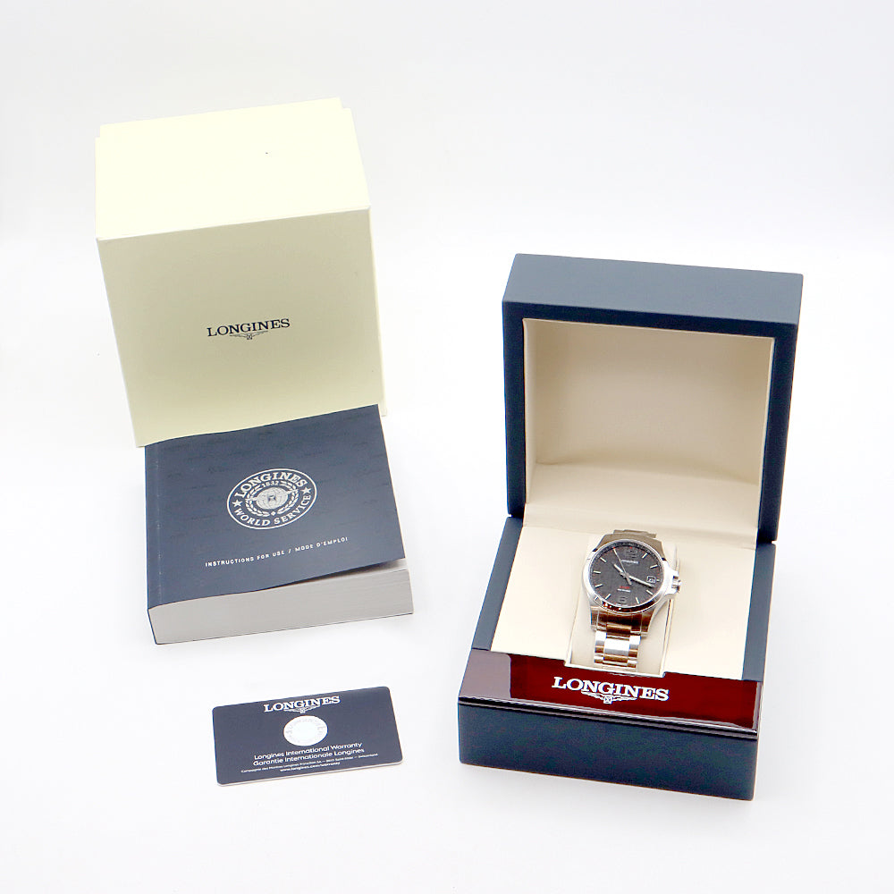 電池交換済 LONGINES ロンジン コンクエスト VHP L3.716.4 デイト 50m防水 黒 ブラック SS ステンレス メンズ クォーツ【6ヶ月保証】【腕時計】【中古】