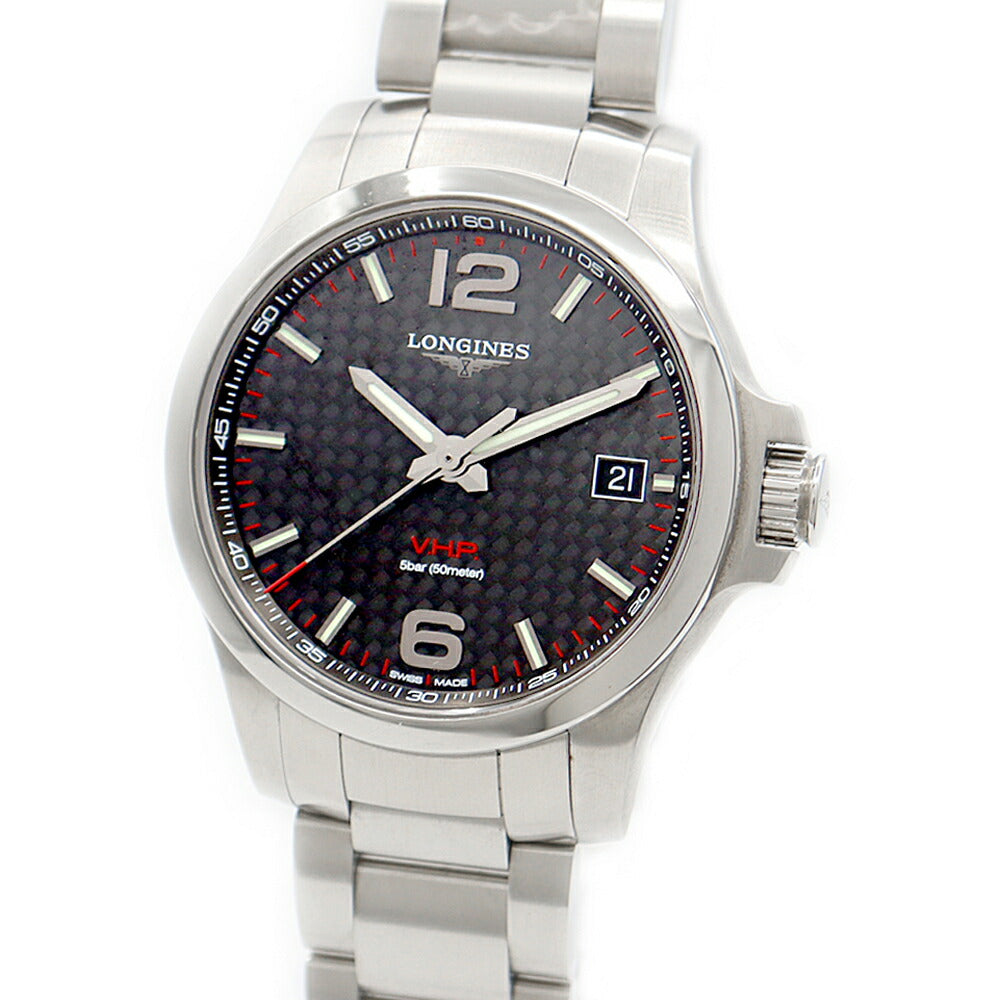 電池交換済 LONGINES ロンジン コンクエスト VHP L3.716.4 デイト 50m防水 黒 ブラック SS ステンレス メンズ クォーツ【6ヶ月保証】【腕時計】【中古】