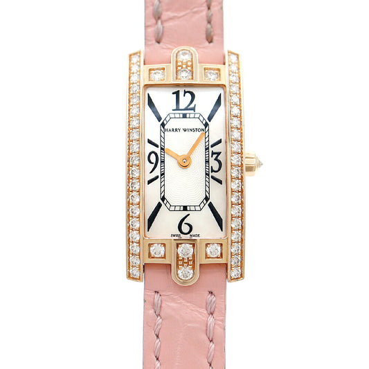 電池交換済 HARRY WINSTON ハリーウィンストン アヴェニュー C ミニ ダイヤベゼル 純正ダイヤモンド 30m防水 白 ホワイトシェル K18RG ローズゴールド 純正ベルト 純正尾錠 レディース クォーツ アベニュー【6ヶ月保証】【腕時計】【中古】