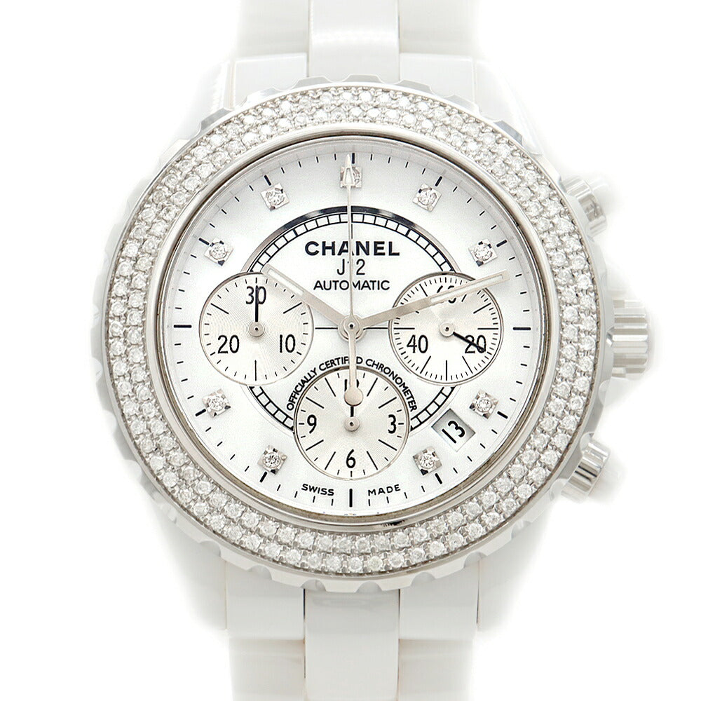 CHANEL シャネル J12 41mm クロノグラフ 2重ダイヤベゼル H2009 9Pダイヤ ダイヤモンド 200m防水 デイト 白 ホワイト CE セラミック SS ステンレス アフターダイヤ メンズ 自動巻き【6ヶ月保証】【腕時計】【中古】
