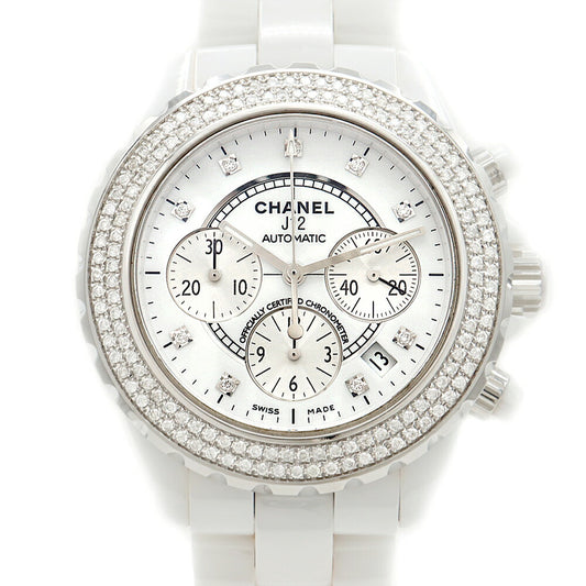 CHANEL シャネル J12 41mm クロノグラフ 2重ダイヤベゼル H2009 9Pダイヤ ダイヤモンド 200m防水 デイト 白 ホワイト CE セラミック SS ステンレス アフターダイヤ メンズ 自動巻き【6ヶ月保証】【腕時計】【中古】