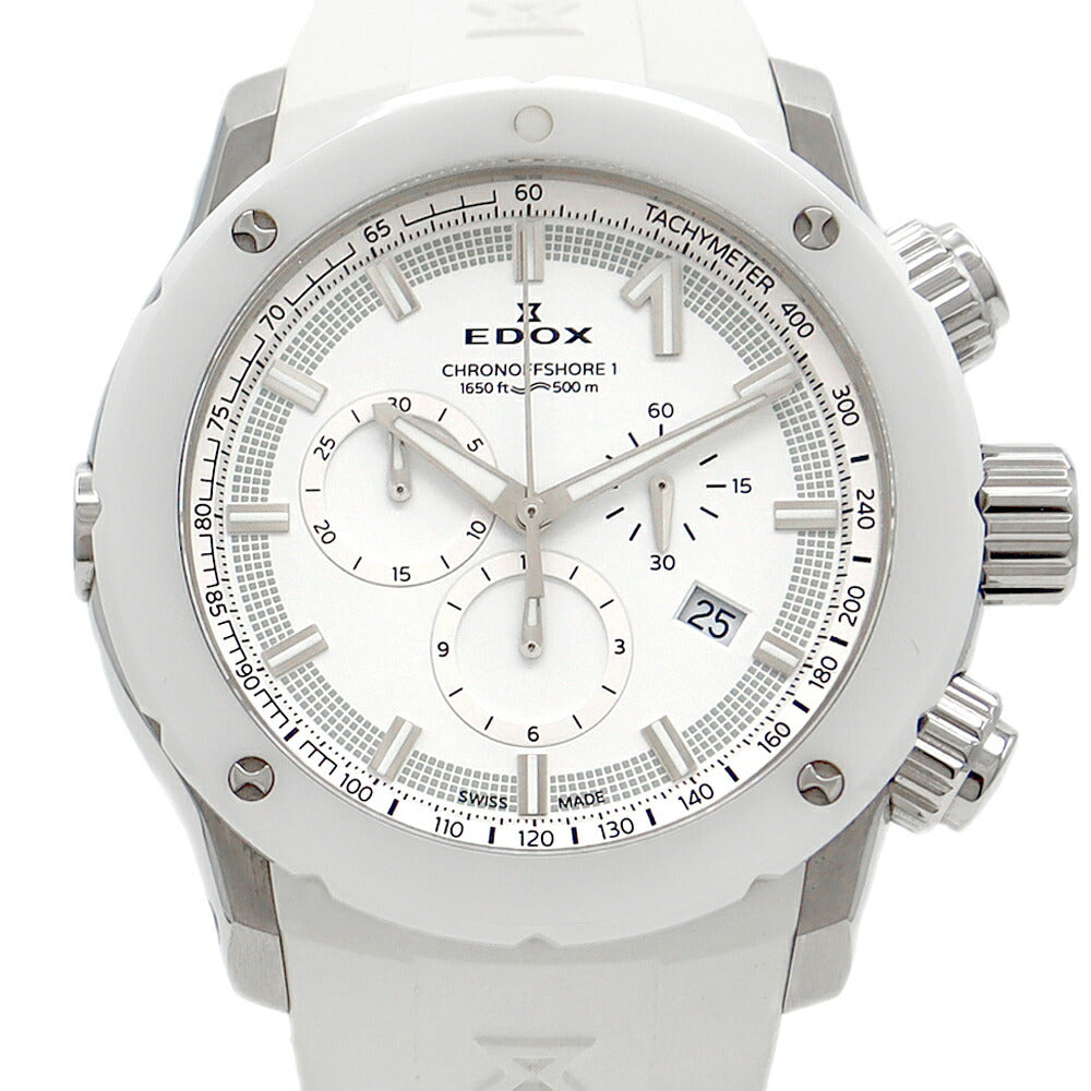 電池交換済 EDOX エドックス クロノオフショア1 クロノグラフ 10221 500m防水 デイト 白 ホワイト SS ステンレス CE セラミック 純正ベルト 純正尾錠 メンズ クォーツ【6ヶ月保証】【腕時計】【中古】