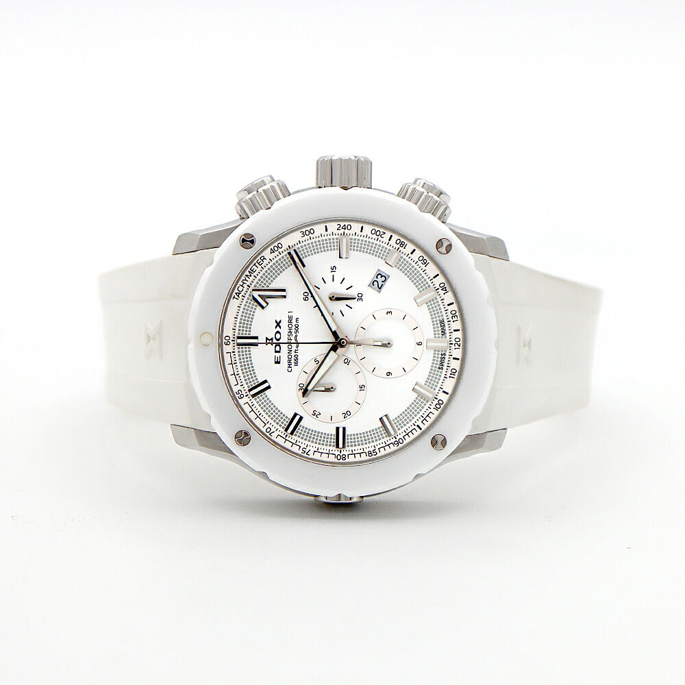 電池交換済 EDOX エドックス クロノオフショア1 クロノグラフ 10221 500m防水 デイト 白 ホワイト SS ステンレス CE セラミック 純正ベルト 純正尾錠 メンズ クォーツ【6ヶ月保証】【腕時計】【中古】