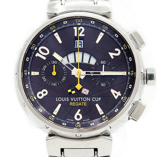 LOUIS VUITTON ルイヴィトン タンブール レガッタ クロノ LVカップ Q1021 デイト 100ｍ防水 裏スケ 茶 ブラウン SS ステンレス メンズ 自動巻き【6ヶ月保証】【腕時計】【中古】