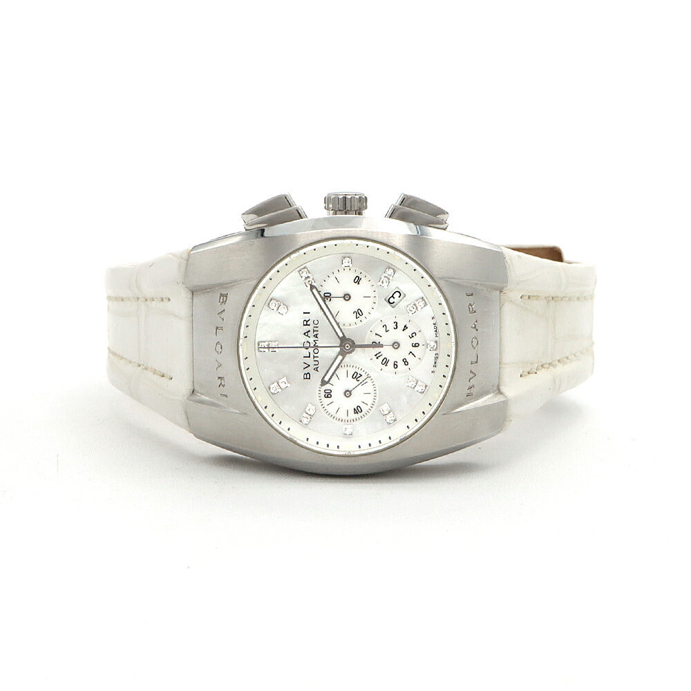 BVLGARI ブルガリ エルゴン クロノグラフ EG35SCH ダイヤモンド 21Pダイヤ デイト 白 ホワイトシェル SS ステンレス 純正ベルト 純正尾錠 メンズ レディース ボーイズ 自動巻き【6ヶ月保証】【腕時計】【中古】