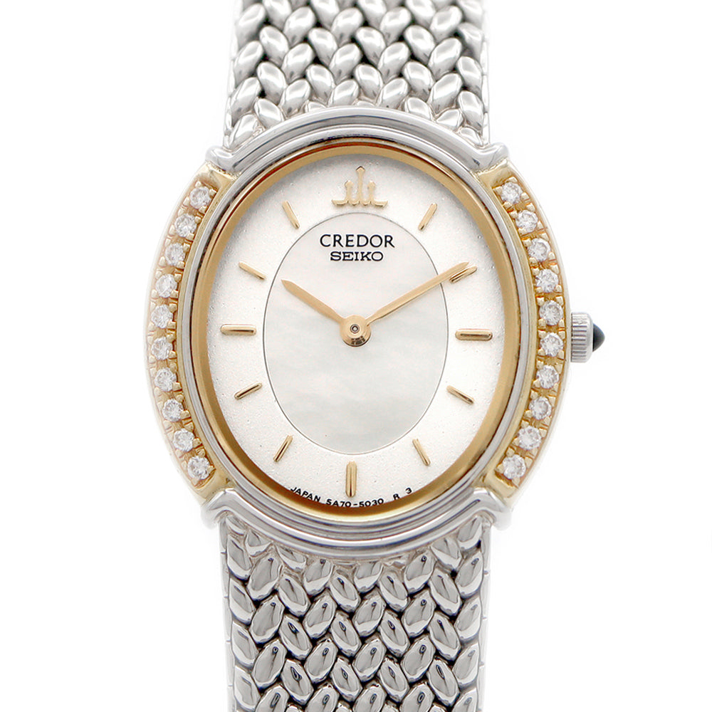 電池交換済 SEIKO セイコー クレドール ダイヤベゼル 5A70-3000 ダイヤモンド 白 ホワイトシェル K18YG イエローゴールド SS ステンレス コンビ レディース クォーツ【6ヶ月保証】【腕時計】【中古】