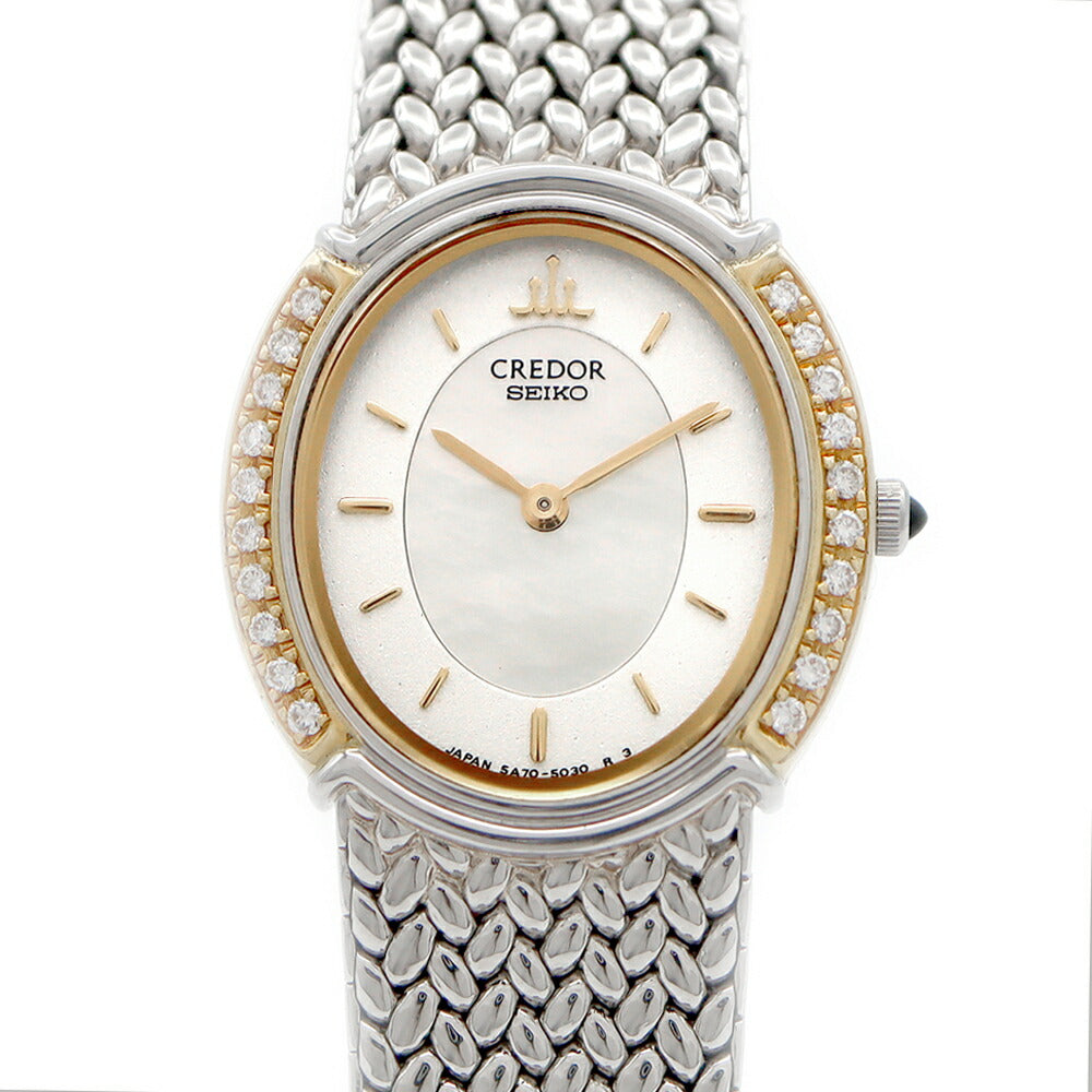 電池交換済 SEIKO セイコー クレドール ダイヤベゼル 5A70-3000 ダイヤモンド 白 ホワイトシェル K18YG イエローゴールド SS ステンレス コンビ レディース クォーツ【6ヶ月保証】【腕時計】【中古】