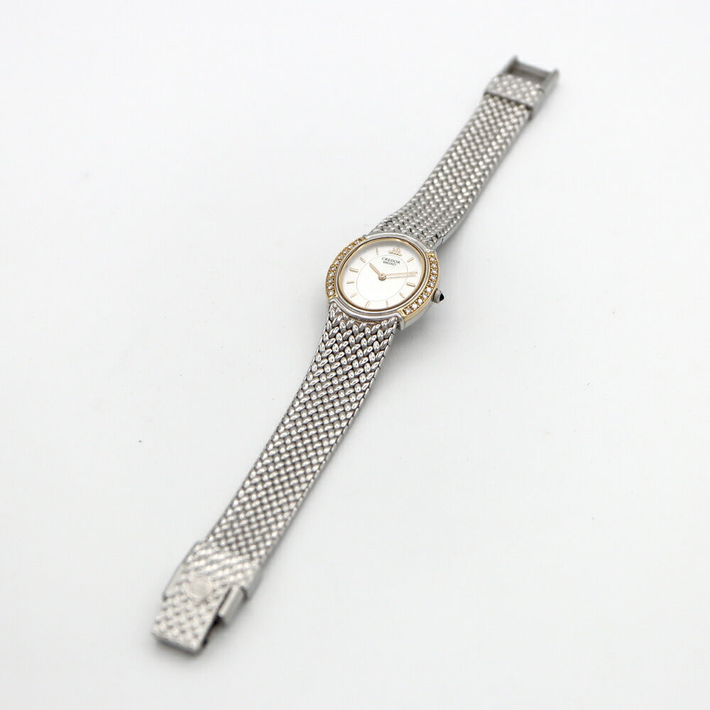 電池交換済 SEIKO セイコー クレドール ダイヤベゼル 5A70-3000 ダイヤモンド 白 ホワイトシェル K18YG イエローゴールド SS ステンレス コンビ レディース クォーツ【6ヶ月保証】【腕時計】【中古】