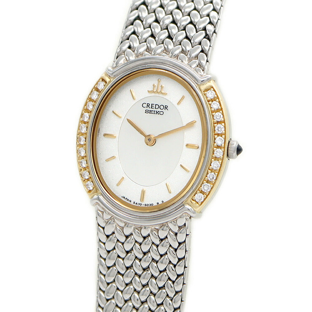電池交換済 SEIKO セイコー クレドール ダイヤベゼル 5A70-3000 ダイヤモンド 白 ホワイトシェル K18YG イエローゴールド SS ステンレス コンビ レディース クォーツ【6ヶ月保証】【腕時計】【中古】