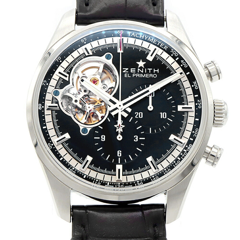 ZENITH ゼニス エルプリメロ クロノマスター オープン 03.0240.4061 クロノグラフ スモールセコンド 100m防水 裏スケ 黒 ブラック SS ステンレス 純正ベルト 純正尾錠 メンズ 自動巻き【6ヶ月保証】【腕時計】【中古】