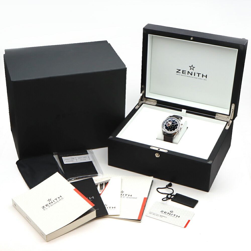 ZENITH ゼニス エルプリメロ クロノマスター オープン 03.0240.4061 クロノグラフ スモールセコンド 100m防水 裏スケ 黒 ブラック SS ステンレス 純正ベルト 純正尾錠 メンズ 自動巻き【6ヶ月保証】【腕時計】【中古】