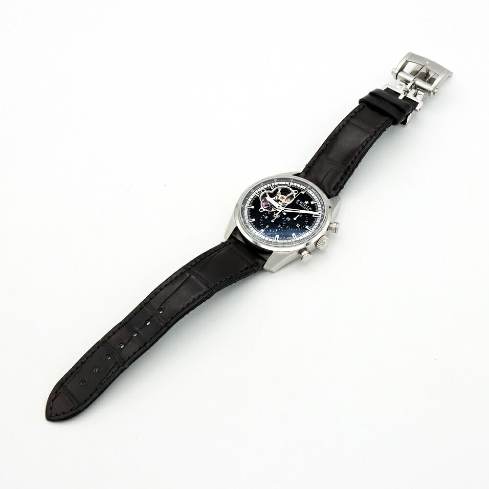 ZENITH ゼニス エルプリメロ クロノマスター オープン 03.0240.4061 クロノグラフ スモールセコンド 100m防水 裏スケ 黒 ブラック SS ステンレス 純正ベルト 純正尾錠 メンズ 自動巻き【6ヶ月保証】【腕時計】【中古】