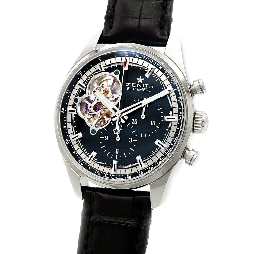ZENITH ゼニス エルプリメロ クロノマスター オープン 03.0240.4061 クロノグラフ スモールセコンド 100m防水 裏スケ 黒 ブラック SS ステンレス 純正ベルト 純正尾錠 メンズ 自動巻き【6ヶ月保証】【腕時計】【中古】