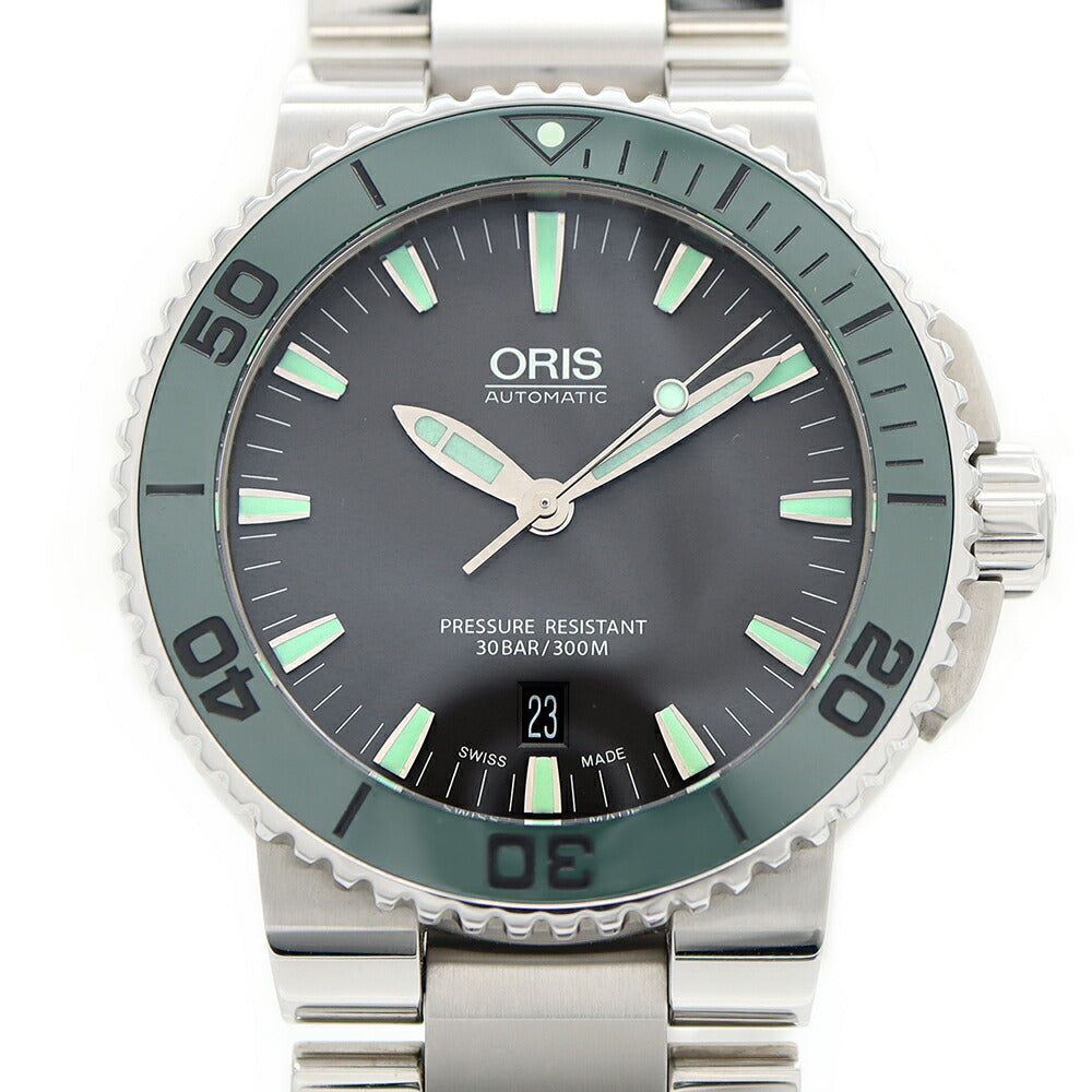 ORIS オリス アクイス デイト 7653 300m防水 裏スケ グレー グリーン SS ステンレス CE セラミック メンズ 自動巻き【6ヶ月保証】【腕時計】【中古】