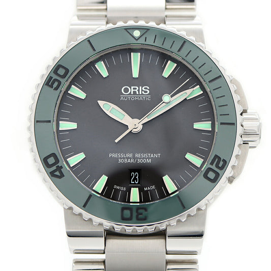 ORIS オリス アクイス デイト 7653 300m防水 裏スケ グレー グリーン SS ステンレス CE セラミック メンズ 自動巻き【6ヶ月保証】【腕時計】【中古】
