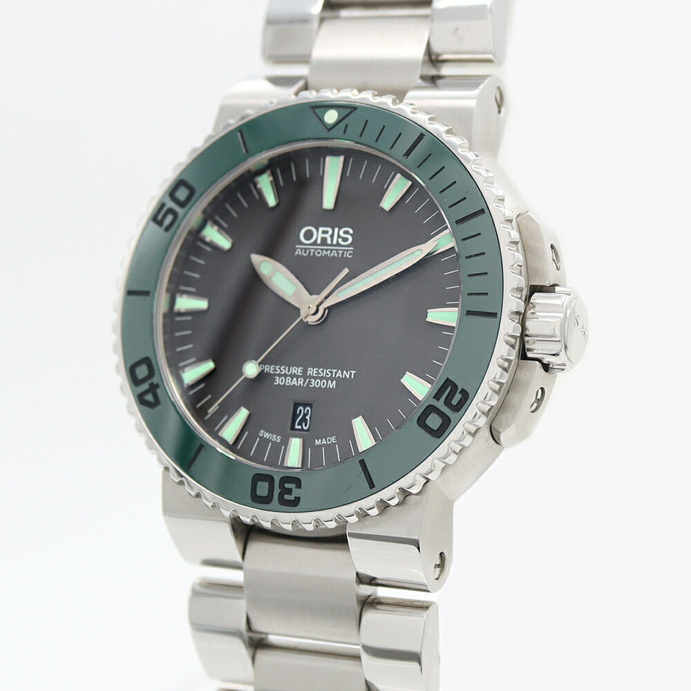 ORIS オリス アクイス デイト 7653 300m防水 裏スケ グレー グリーン SS ステンレス CE セラミック メンズ 自動巻き【6ヶ月保証】【腕時計】【中古】