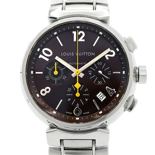 内部点検済 LOUIS VUITTON ルイヴィトン タンブール クロノグラフ Q1121 デイト 100m防水 ブラウン SS ステンレス メンズ 自動巻き【6ヶ月保証】【腕時計】【中古】