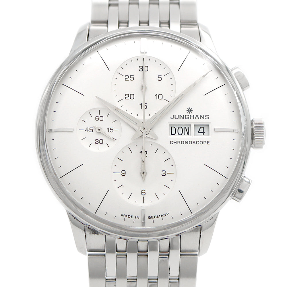 JUNGHANS ユンハンス クロノスコープ クロノグラフ 027/4121.44 30m防水 裏スケ 白 ホワイト SS ステンレス メンズ 自動巻き【6ヶ月保証】【腕時計】【中古】