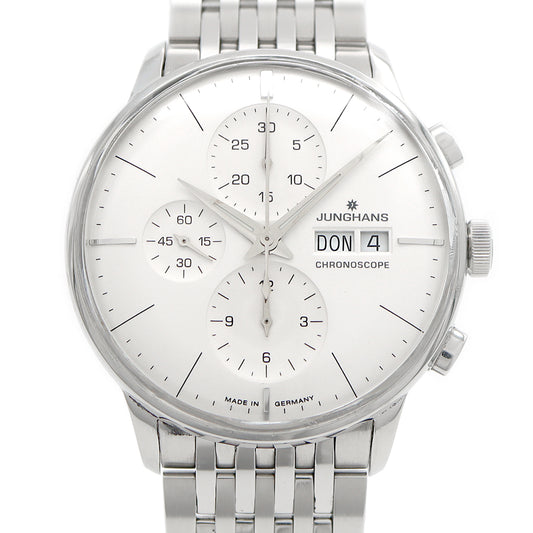JUNGHANS ユンハンス クロノスコープ クロノグラフ 027/4121.44 30m防水 裏スケ 白 ホワイト SS ステンレス メンズ 自動巻き【6ヶ月保証】【腕時計】【中古】