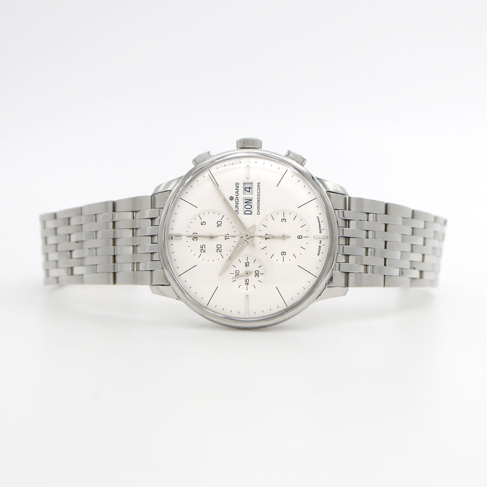 JUNGHANS ユンハンス クロノスコープ クロノグラフ 027/4121.44 30m防水 裏スケ 白 ホワイト SS ステンレス メンズ 自動巻き【6ヶ月保証】【腕時計】【中古】