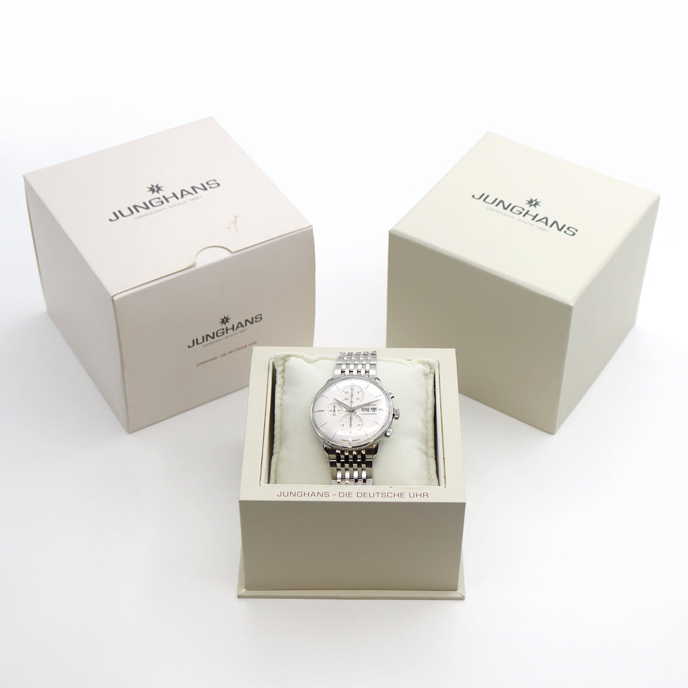 JUNGHANS ユンハンス クロノスコープ クロノグラフ 027/4121.44 30m防水 裏スケ 白 ホワイト SS ステンレス メンズ 自動巻き【6ヶ月保証】【腕時計】【中古】