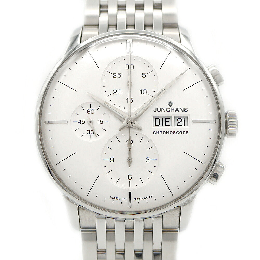 JUNGHANS ユンハンス クロノスコープ クロノグラフ 027/4121.44 30m防水 裏スケ 白 ホワイト SS ステンレス メンズ 自動巻き【6ヶ月保証】【腕時計】【中古】