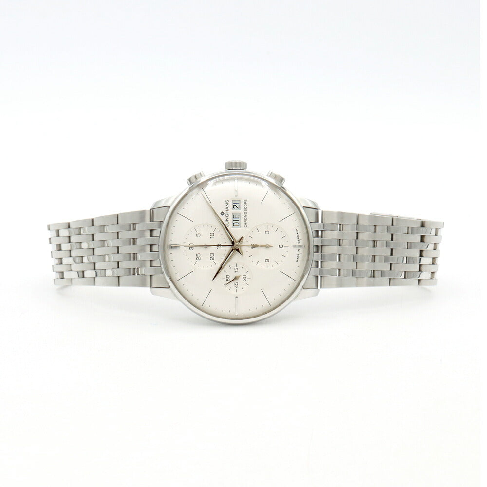JUNGHANS ユンハンス クロノスコープ クロノグラフ 027/4121.44 30m防水 裏スケ 白 ホワイト SS ステンレス メンズ 自動巻き【6ヶ月保証】【腕時計】【中古】