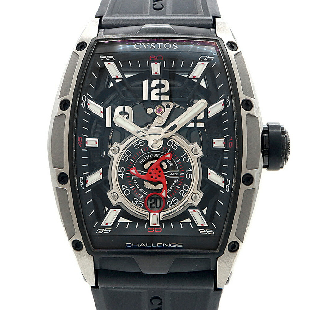 内部点検済 CVSTOS クストス チャレンジ ジェットライナーII プティセコンド CVT-JET2-PS デイト 100m防水 スケルトン 黒 ブラック Ti チタン 純正ベルト 純正尾錠 メンズ 自動巻き【6ヶ月保証】【腕時計】【中古】