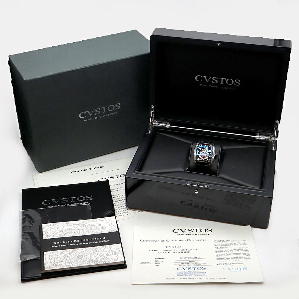 内部点検済 CVSTOS クストス チャレンジ ジェットライナーII プティセコンド CVT-JET2-PS デイト 100m防水 スケルトン 黒 ブラック Ti チタン 純正ベルト 純正尾錠 メンズ 自動巻き【6ヶ月保証】【腕時計】【中古】