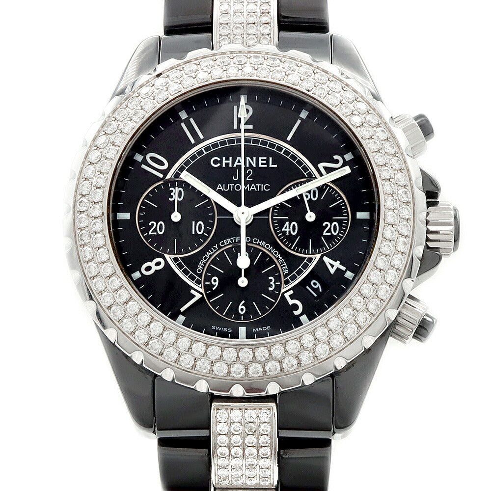 CHANEL シャネル J12 クロノグラフ 41mm 2重ダイヤベゼル H1009 デイト 200m防水 スモールセコンド 黒 ブラック CE セラミック SS ステンレス アフターダイヤ メンズ 自動巻き【6ヶ月保証】【腕時計】【中古】