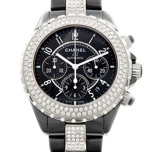 CHANEL シャネル J12 クロノグラフ 41mm 2重ダイヤベゼル H1009 デイト 200m防水 スモールセコンド 黒 ブラック CE セラミック SS ステンレス アフターダイヤ メンズ 自動巻き【6ヶ月保証】【腕時計】【中古】