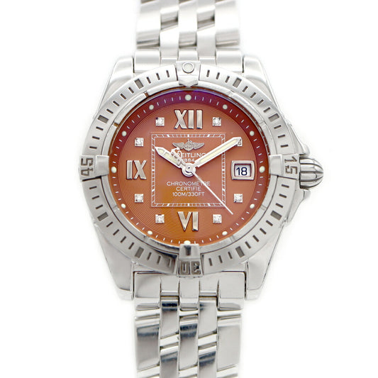 電池交換済 BREITLING ブライトリング コックピット レディ A71356 ダイヤモンド 8Pダイヤ デイト 100m防水 茶　ブラウン SS ステンレス レディース クォーツ【6ヶ月保証】【腕時計】【中古】