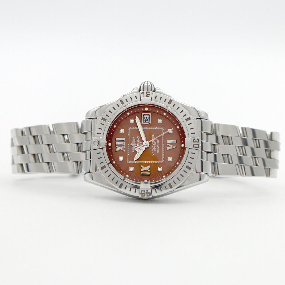 電池交換済 BREITLING ブライトリング コックピット レディ A71356 ダイヤモンド 8Pダイヤ デイト 100m防水 茶　ブラウン SS ステンレス レディース クォーツ【6ヶ月保証】【腕時計】【中古】