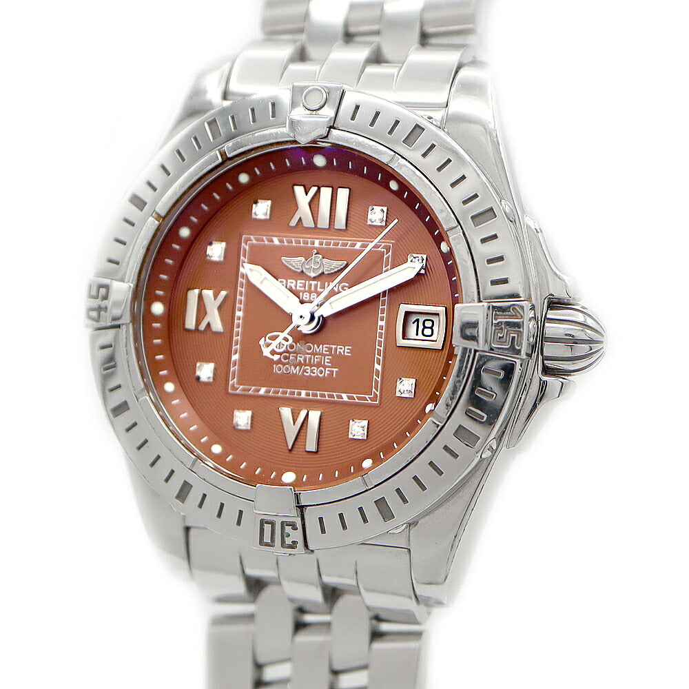 電池交換済 BREITLING ブライトリング コックピット レディ A71356 ダイヤモンド 8Pダイヤ デイト 100m防水 茶　ブラウン SS ステンレス レディース クォーツ【6ヶ月保証】【腕時計】【中古】