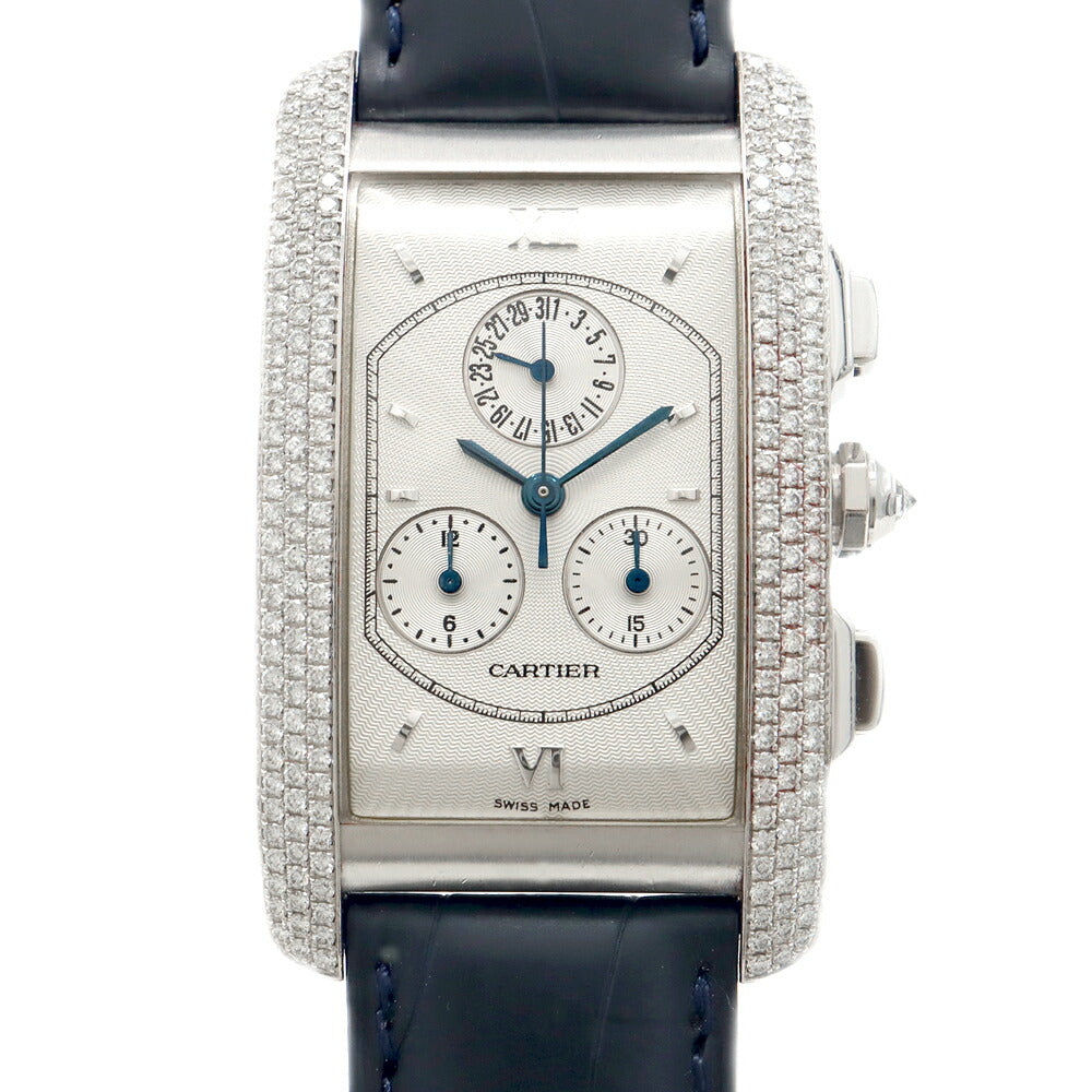 電池交換済 Cartier カルティエ タンクアメリカン LM クロノリフレックス 純正ダイヤベゼル WB702751 純正ダイヤモンド デイト クロノグラフ シルバー K18WG ホワイトゴールド 純正ベルト 純正K18WG尾錠 メンズ クォーツ【6ヶ月保証】【腕時計】【中古】