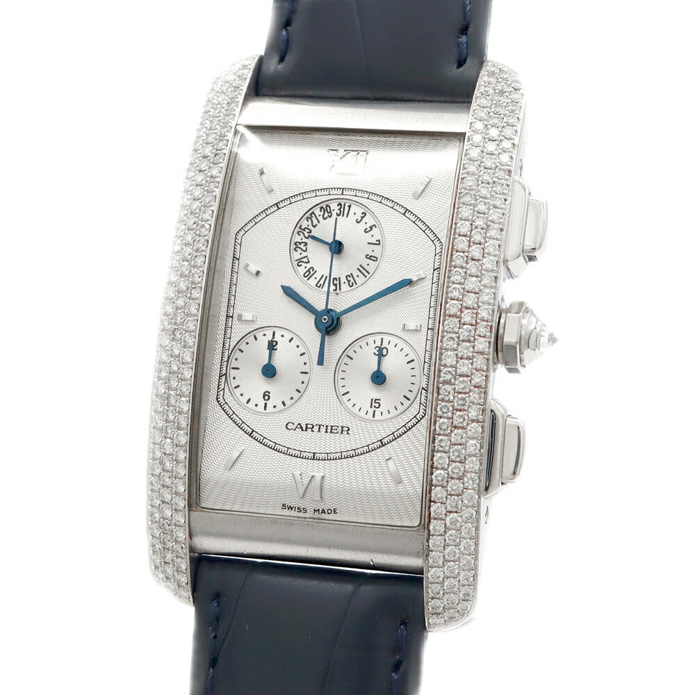 電池交換済 Cartier カルティエ タンクアメリカン LM クロノリフレックス 純正ダイヤベゼル WB702751 純正ダイヤモンド デイト クロノグラフ シルバー K18WG ホワイトゴールド 純正ベルト 純正K18WG尾錠 メンズ クォーツ【6ヶ月保証】【腕時計】【中古】