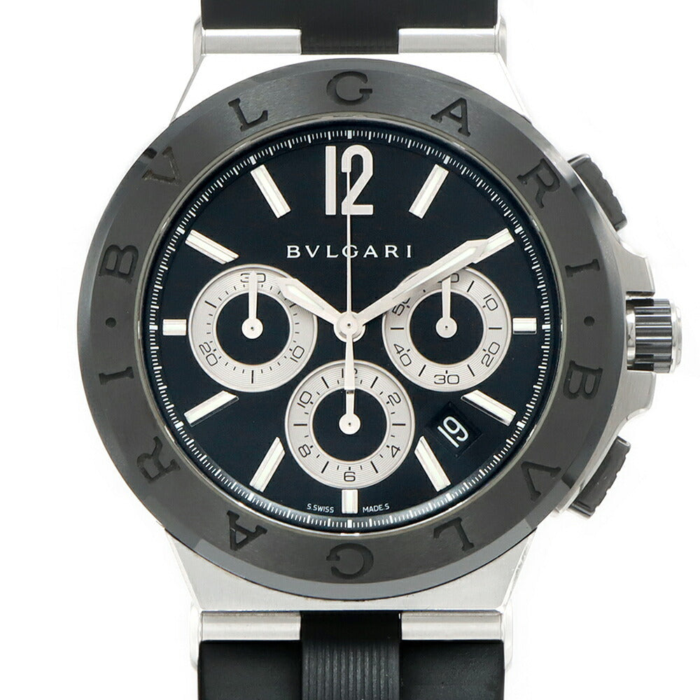 BVLGARI ブルガリ ディアゴノ クロノグラフ DG42SCCH デイト 100m防水 黒 ブラック CE セラミック SS ステンレス 純正ベルト 純正尾錠 メンズ 自動巻き【6ヶ月保証】【腕時計】【中古】