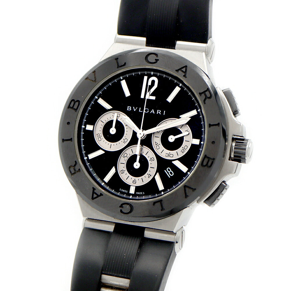 BVLGARI ブルガリ ディアゴノ クロノグラフ DG42SCCH デイト 100m防水 黒 ブラック CE セラミック SS ステンレス 純正ベルト 純正尾錠 メンズ 自動巻き【6ヶ月保証】【腕時計】【中古】