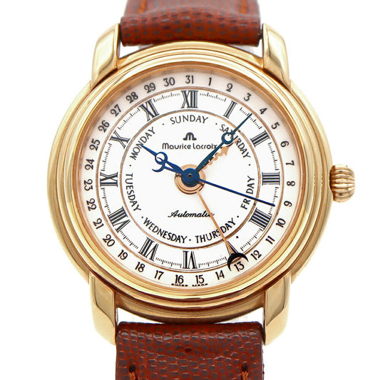 MAURICE LACROIX モーリスラクロア マスターピース ファイブハンズ 27388 デイデイト 裏スケ 白 ホワイトシェル YGP イエローゴールド 純正ベルト 純正尾錠 メンズ 自動巻き【6ヶ月保証】【腕時計】【中古】