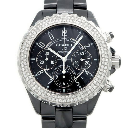 内部点検済 CHANEL シャネル J12 クロノグラフ 41mm 2重ダイヤベゼル H0940 ダイヤモンド 200m防水 デイト 黒 ブラック CE セラミック SS ステンレス アフターダイヤ メンズ 自動巻き【6ヶ月保証】【腕時計】【中古】