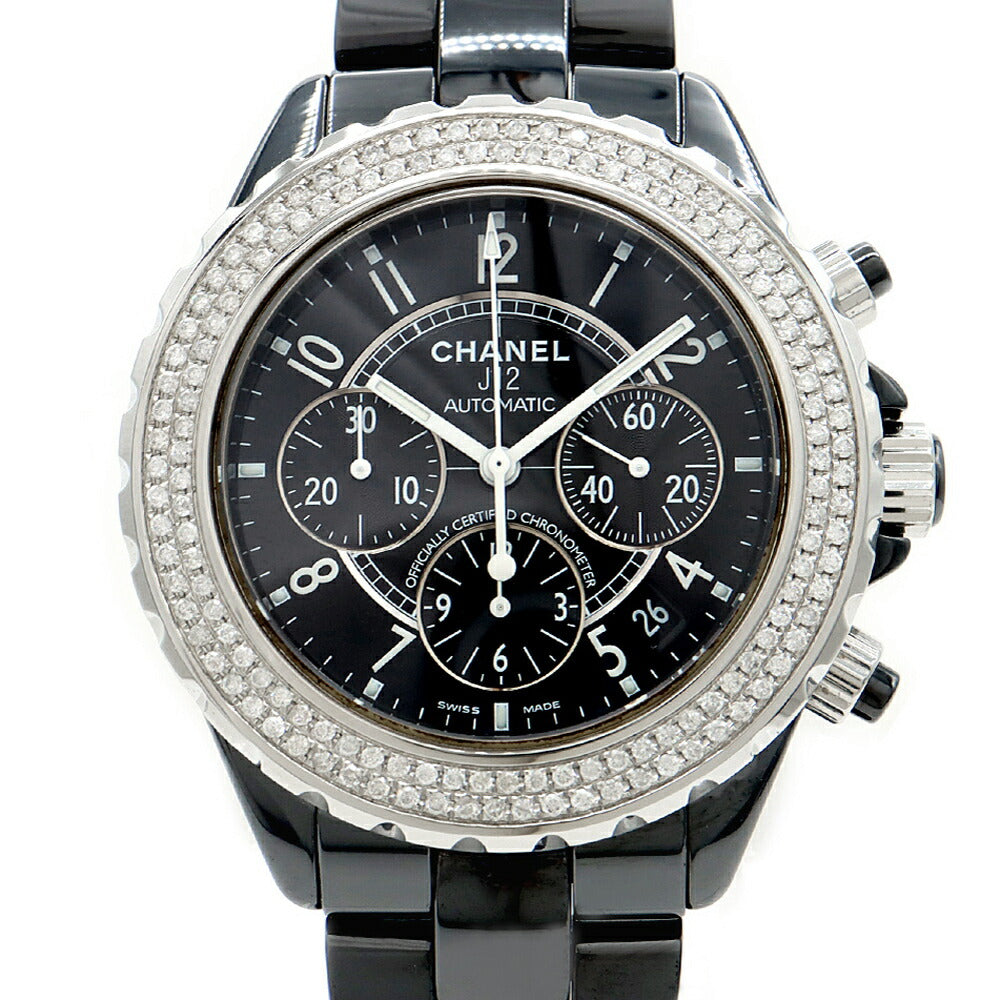 内部点検済 CHANEL シャネル J12 クロノグラフ 41mm 2重ダイヤベゼル H0940 ダイヤモンド 200m防水 デイト 黒 ブラック CE セラミック SS ステンレス アフターダイヤ メンズ 自動巻き【6ヶ月保証】【腕時計】【中古】