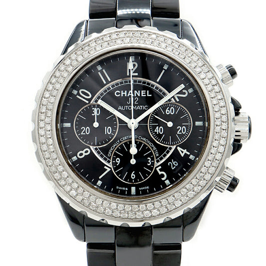 内部点検済 CHANEL シャネル J12 クロノグラフ 41mm 2重ダイヤベゼル H0940 ダイヤモンド 200m防水 デイト 黒 ブラック CE セラミック SS ステンレス アフターダイヤ メンズ 自動巻き【6ヶ月保証】【腕時計】【中古】