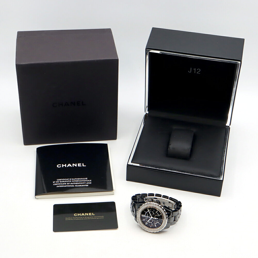 内部点検済 CHANEL シャネル J12 クロノグラフ 41mm 2重ダイヤベゼル H0940 ダイヤモンド 200m防水 デイト 黒 ブラック CE セラミック SS ステンレス アフターダイヤ メンズ 自動巻き【6ヶ月保証】【腕時計】【中古】