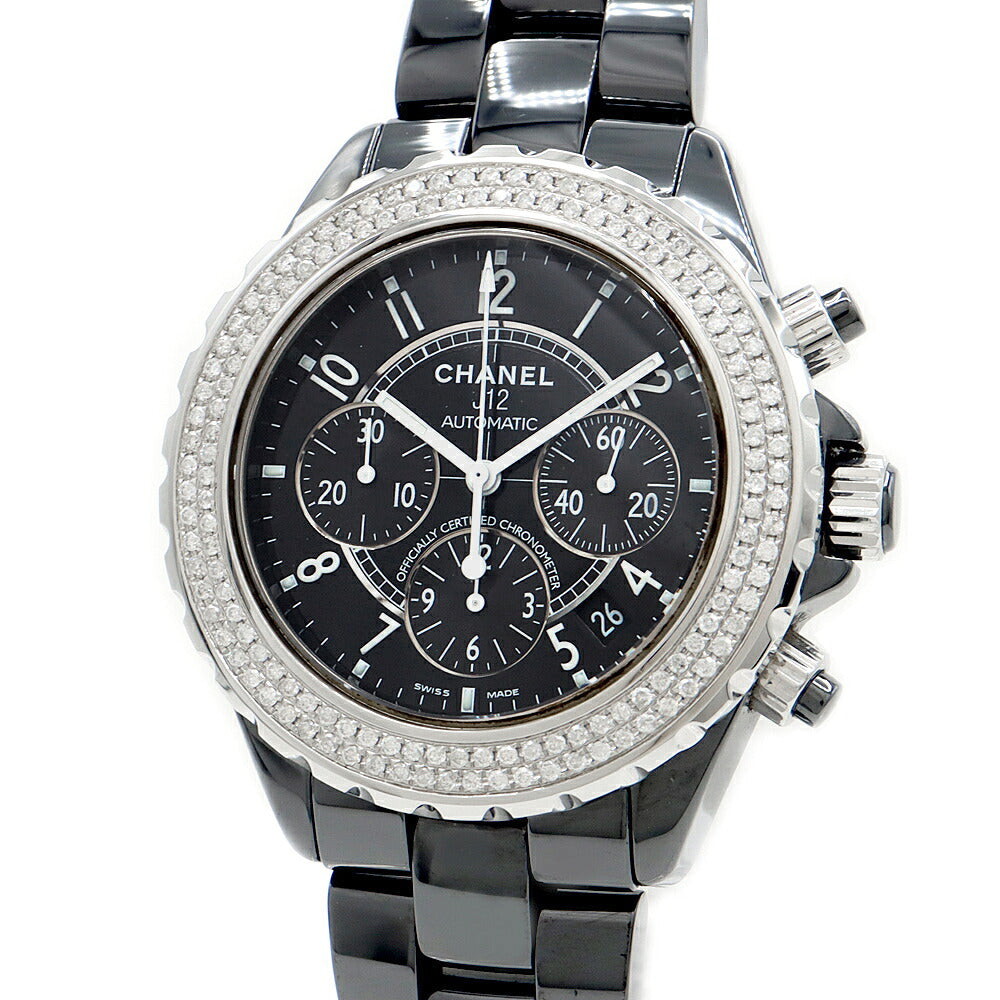 内部点検済 CHANEL シャネル J12 クロノグラフ 41mm 2重ダイヤベゼル H0940 ダイヤモンド 200m防水 デイト 黒 ブラック CE セラミック SS ステンレス アフターダイヤ メンズ 自動巻き【6ヶ月保証】【腕時計】【中古】