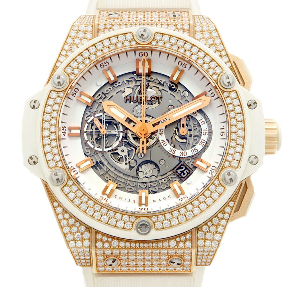 HUBLOT ウブロ キングパワー ウニコ キングゴールド ホワイト パヴェ 純正ダイヤベゼル 701.OE.0128.GR.1704 ダイヤモンド クロノグラフ デイト ホワイト 白 スケルトン K18KG  金無垢  純正ベルト 純正尾錠 メンズ 自動巻き【6ヶ月保証】【腕時計】【中古】