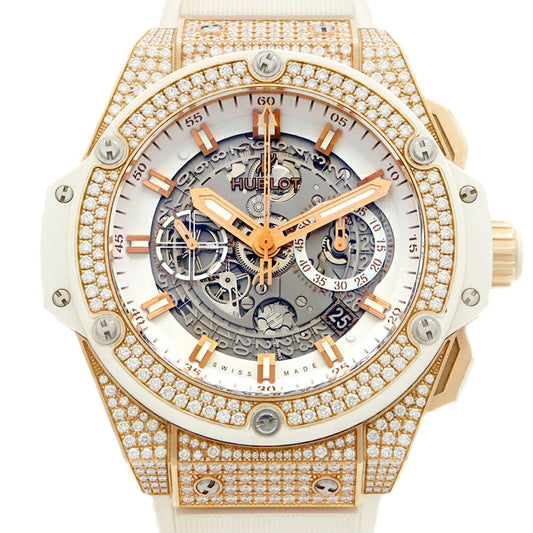 HUBLOT King Power Unico King Gold White Pave Genuine Diamond Bezel 701.OE.0128.GR.1704 Diamond Chronograph Date White White Skeleton K18KG Solid Gold Genuine Belt Genuine Buckle Men's Automatic Winding [6 Month Warranty] [Watch] [Used]