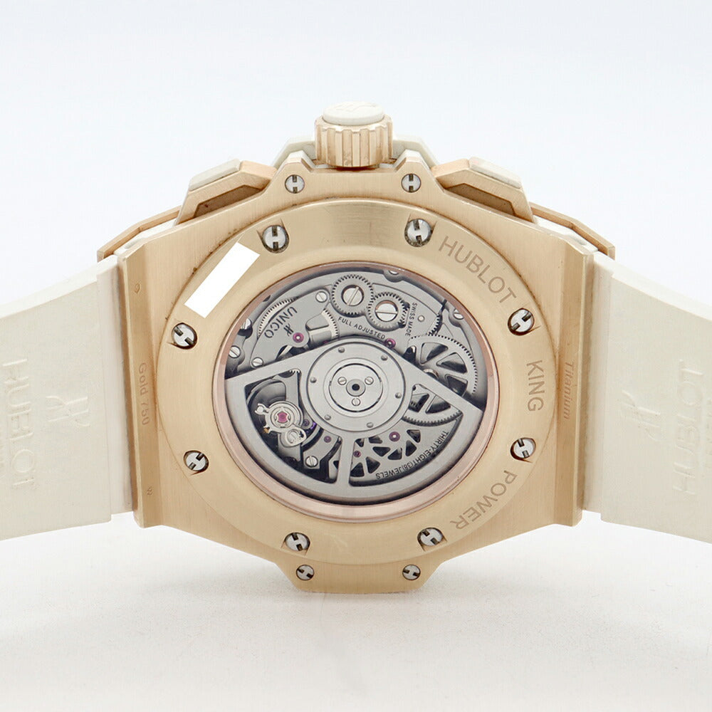 HUBLOT ウブロ キングパワー ウニコ キングゴールド ホワイト パヴェ 純正ダイヤベゼル 701.OE.0128.GR.1704 ダイヤモンド クロノグラフ デイト ホワイト 白 スケルトン K18KG  金無垢  純正ベルト 純正尾錠 メンズ 自動巻き【6ヶ月保証】【腕時計】【中古】