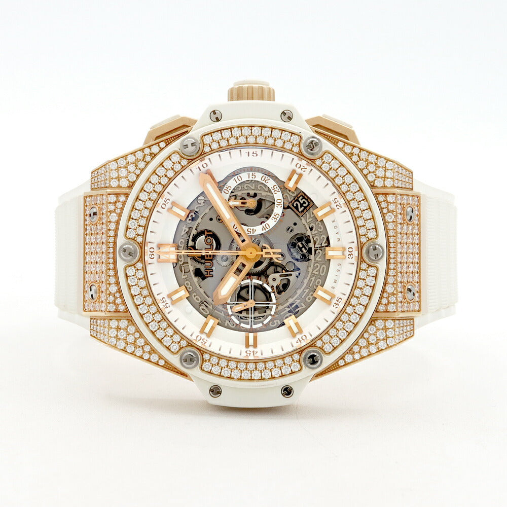 HUBLOT ウブロ キングパワー ウニコ キングゴールド ホワイト パヴェ 純正ダイヤベゼル 701.OE.0128.GR.1704 ダイヤモンド クロノグラフ デイト ホワイト 白 スケルトン K18KG  金無垢  純正ベルト 純正尾錠 メンズ 自動巻き【6ヶ月保証】【腕時計】【中古】